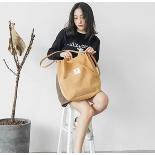 New Corduroy Female Canvas Cloth Shoulder Bag Environmental Storage Handbag Reusable Foldable Eco Grocery Totes Solid Color