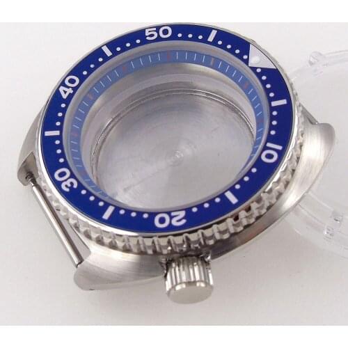 Stainless Steel 45mm Automatic Watch Case fit NH35A NH36A Sapphire Crystal Rotating Bezel Blue Alloy Insert Screw Crown