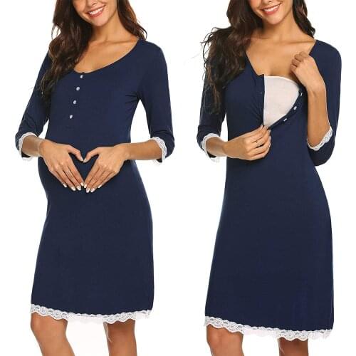 Women Maternity Nightgown Breastfeeding Sleepwear Buttons Lace 3/4 Sleeve Nursing Dress Pregnancy Clothes