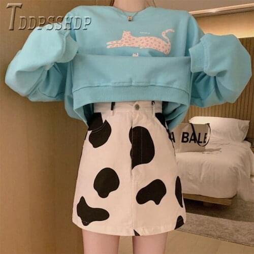 Korean High Waist Milk Cow Printed Women Skirt A Line Easy To Match Female Skirts