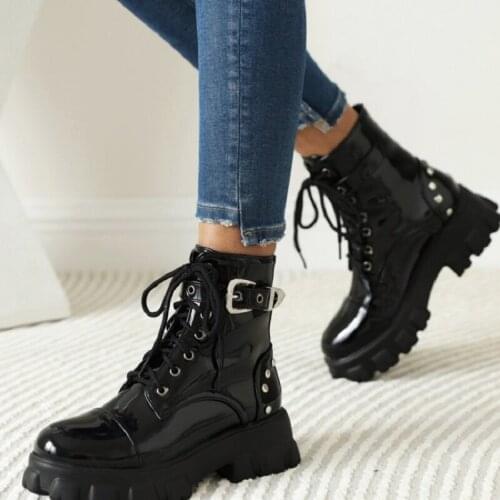 Sianie Tianie Patent PU Leather Winter Warm Womans Shoes Round Toe Platform Flats Ankle Martin Boots With Studded Rivets Size 46