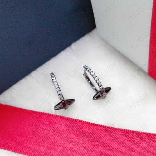 SLJELY Fashion Puck Rock 925 Sterling Silver Black Grey Spike Rivet Hoop Earrings Paved Cubic Zirconia Women Gothic Jewelry