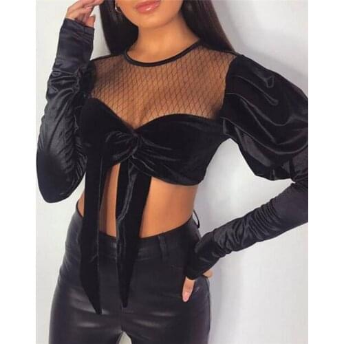 Women Puff Sleeve Tops Sexy Black Crew Neck Long Sleeev Crop Blouse