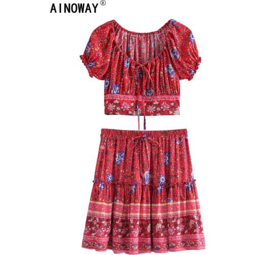 Vintage chic Women two piece outfits strap Sleeveless tops Bohemian Drawstring mini skirts 2 pieces rayon cotton Boho sets