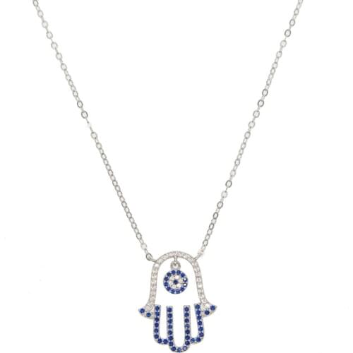 Fine 925 sterling silver women wedding jewelry gift blue white cz Luck Hamsa Hand Fatima Palm Turkish evil eye Pendant Necklaces