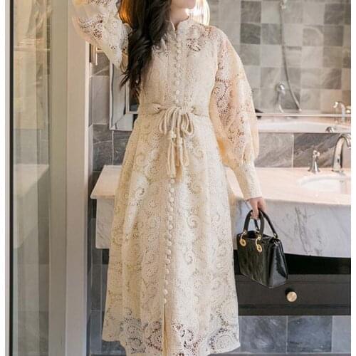 Wenfly Women New Vintage Maxi Dress Lace Hollow Out Single Breasted Bandage O-Neck Long Puff Sleeve Elegant Dress Dresses