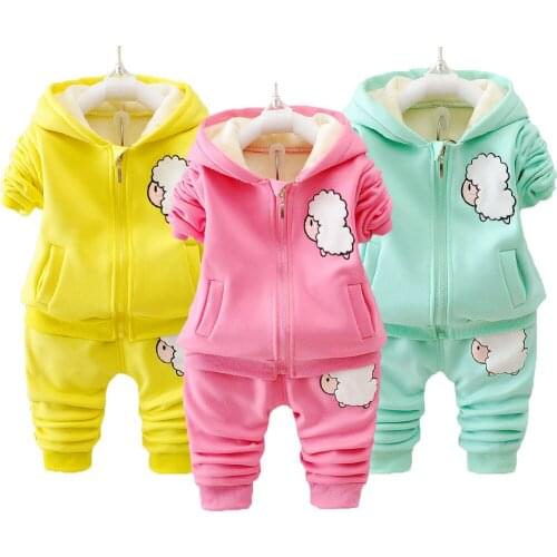Toddler Cute Rabbit Winter Warm Girls Clothing Set Full Sleeve Thick Plus Velvet Hooded Jacket + Pants 2Pcs Suit For Kids