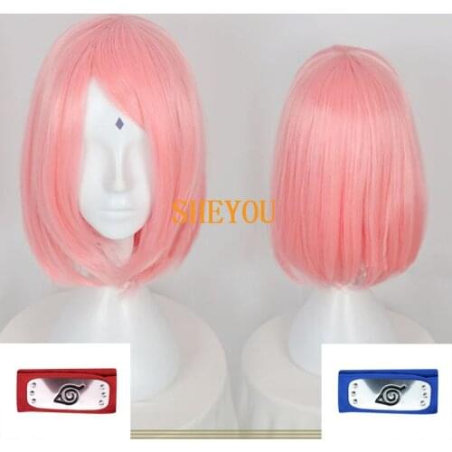 Anime Naruto Haruno Sakura Short Pink Styled Hair With Headband Heat Resistant Cosplay Costume Wigs + Wig Cap