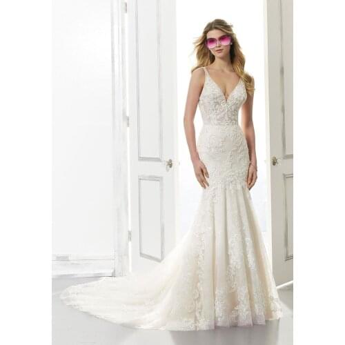 Shiny Mermaid Bridal Gown Mermaid Sexy Backless Lace Bodice Wedding Dress Corset Ivory Tulle Appliques V Neck