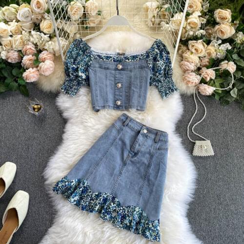 Ins Chic Puffy Short Sleeve Patchwork Denim Top and High Waist Floral Ruffled Jeans Skirt One Set