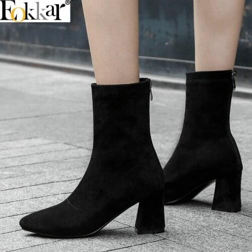 Eokkar 2019 Sock Boots Women Mid Calf Boots Fashion Zipper Hoof Heels Pointed Toe Elegant Women Boots Winter Shoes Size 34-43