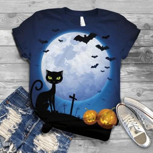 Fall Ladies Short Sleeve Summer Halloween Black Cat Print T-shirt Pumpkin 3D Printing Circle Neck Casual Tops For Fashion Women