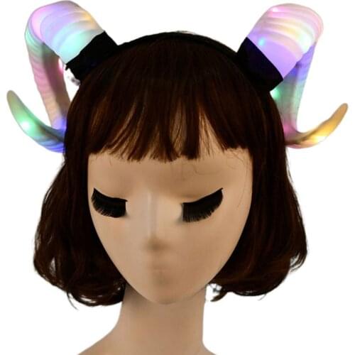 Gothic Womens Antelope Sheep Horn Headband LED Glowing Party Hair Hoop Light Up Flashing Cosplay Halloween Devil Costume Props