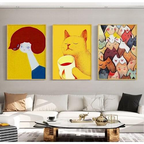 Canvas Painting Abstract Modern Cartoon Cute Cat Animal And Girls Poster Print Wall Art Pictures For Living Room Home Decoration