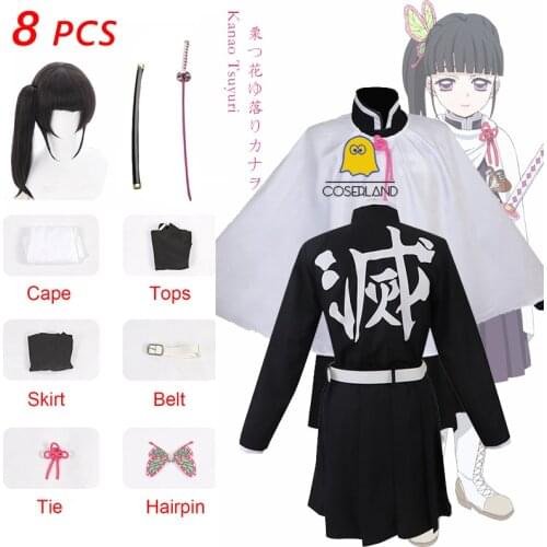 8 PCS Demon Slayer Tsuyuri Kanawo Cosplay Costume for Kids Adults Anime Kimetsu no Yaiba Katana Black Wig Battle Suit Uniform