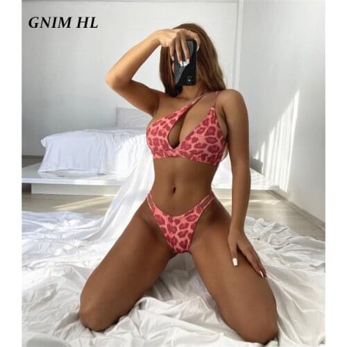 GNIM Sexy Leopard Bikini Mujer 2021 Summer One Shoulder Swimwear Women Push Up 2 Piece Hollow Out Brazilian Swimsuit Biquini New