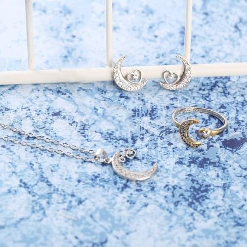 Trendy Female Moon Heart Jewelry Set Charm Gold Silver Color Stud Earring For Women Dainty White Zircon Wedding Chain Necklace