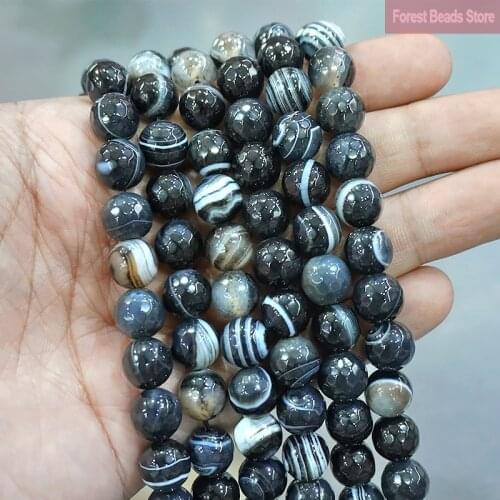 Natural Stone Faceted Striped Black Agates Onyx Round Loose Beads For Jewelry Making DIY Bracelet Earrings 15'' 4/6/8/10/12mm