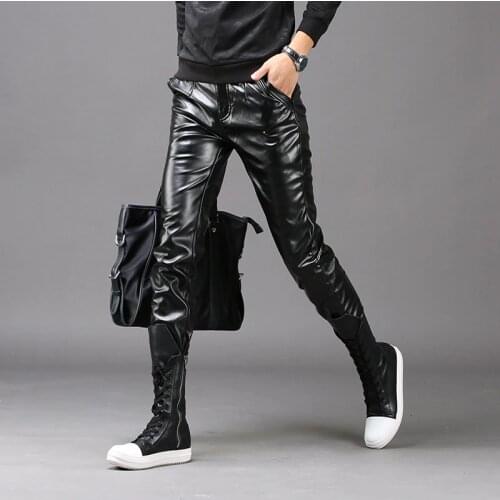 2020 New Fashion Autumn Winter Men Skinny Leather Pants Faux Black Joggers Pants Male Motorcycle Trousers For Men Szie 28-36