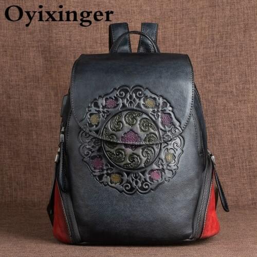 OYIXINGER Retro Backpack Genuine Leather Backpacks For Women 2021 New Handmade Embossed Bag Vintage China Style Backpack Ladies