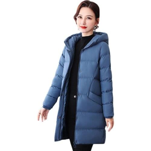 Mid-length Down Cotton Coat Women Korean Fashion Hooded Thick Warm Jacket Casual Simple Black Jackets Winter Outwear JD1716