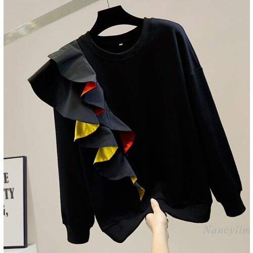 Ruffled Hoodies Woman Loose-Fitting Pullover Round-Neck All-Match Sweatshirt Fashion Female 2021 Spring Clothes Outwear Top