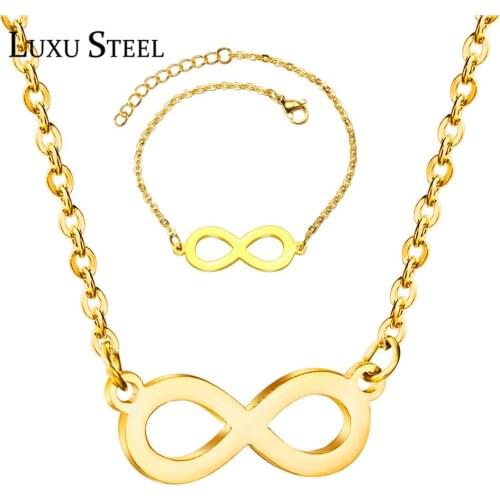 LUXUSTEEL Women Men Sets infinite Shape Pendant Necklace Bracelet Sets collares Collier Party Wedding Wholesale