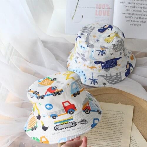 Cartoon Car Dinosaur Printed Toddler Bucket Hat Spring Summer Outdoor Sun Hat For Boy Girs Soft Cotton Cute Kids Fisherman Caps