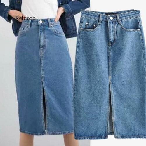 Vintage Blue Denim Skirt Women High Waist Straight Skirt Front Split Bottoms Cowboy Style Fashion Streetwear
