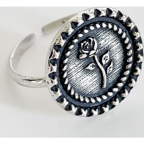 Vintage Womens Authentic S925 Sterling Silver Fine Jewelry Retro Rose Flower Coin Round ring Open adjust J434