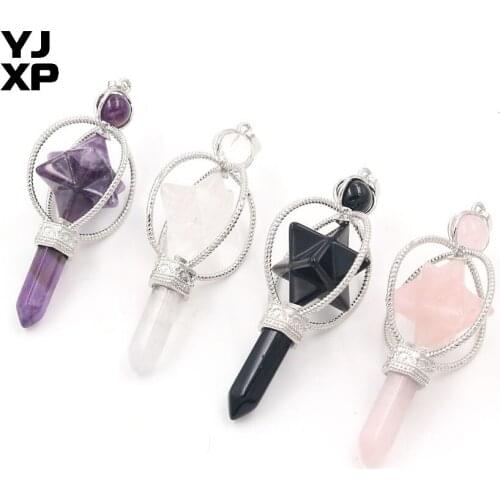 YJXP Merkaba Pendulum Healing Pencil Point Hexagon Reiki Pendant Natural White Crystal Agates Dowsing Divination Jewelry 1 Pcs
