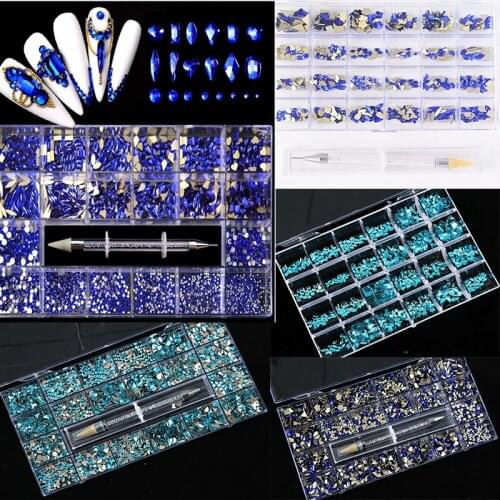 480/2000pcs Glass Crystal Blue Rhinestones 1pc Dotting Pen Sapphire Gems Nail Art Bijou 1 Box Kinds Shapes Stones