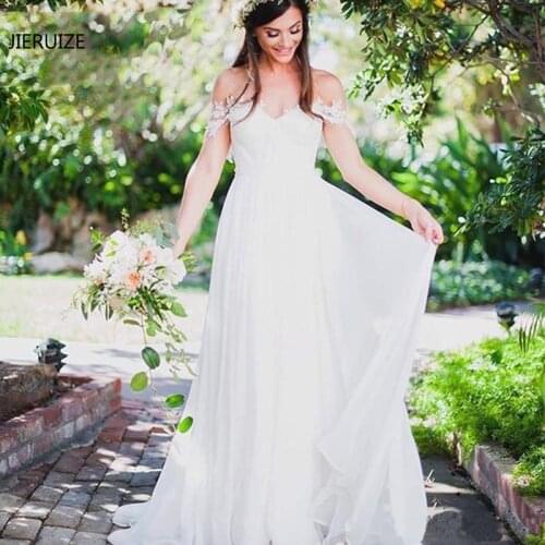 JIERUIZE White Chiffon Simple Boho Wedding Dresses 2020 Sweetheart Off the Shoulder Beach Bride Dresses robe de mariee