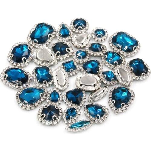 Free shipping silver base Peacockblue crystal buttons mix shape sew on glass rhinestones diy clothing/necklace