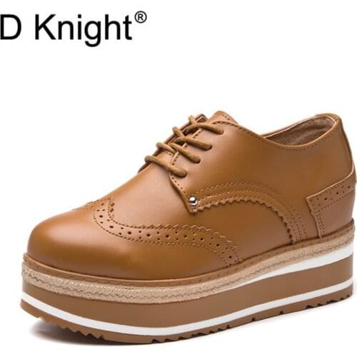 Stylish Increasing Creepers Black White Autumn Pumps Big Size 34-41 Women Wedge Platform Oxfords Lace Up High Heels Brogue Shoes