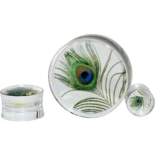 CHUANCI 1 Pair New Peacock Feather Design Ear Piercing Plugs Tunnels Transparent Ear Gaugus Body Piercing Jewelry For Gift