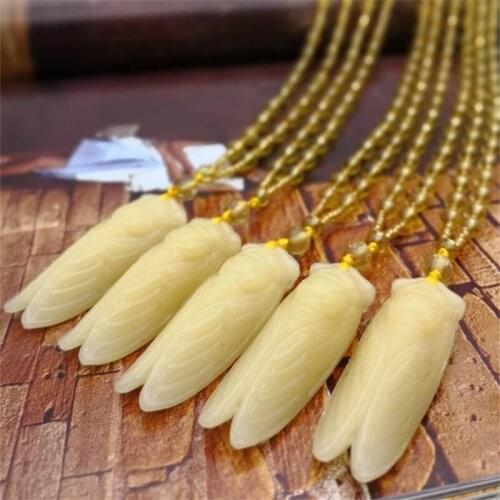 For Yellow Jade Cicada Carved Amulet Lucky Beads Insect Animal Pendant Necklace Gift