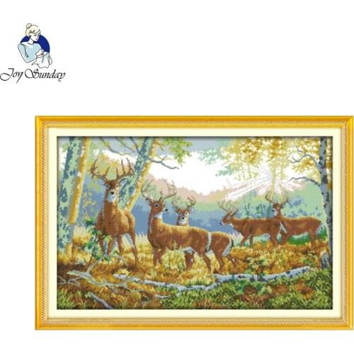 Joy sunday animal style Five deer in forest easy and quickly cross stitch kits stamped pattern for beginners