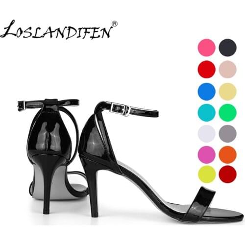 LOSLANDIFEN Womens Sandals Ankle Stripe Summer Casual Office Pumps Buckle Patent Leather Ladies Wedding High Heel Shoes