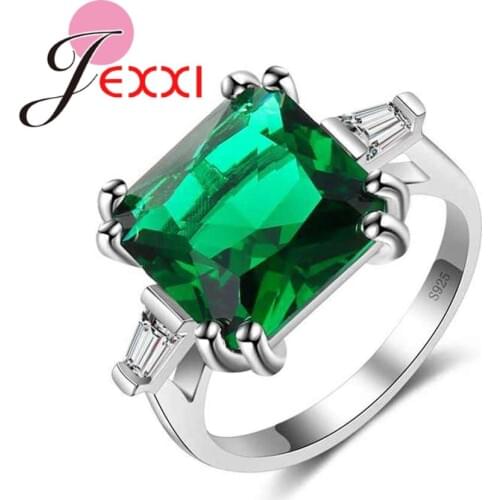 Fashion Square Green Cubic Zirconia Finger Rings 925 Sterling Silver Prong Setting for Women Girls Wedding Jewelry