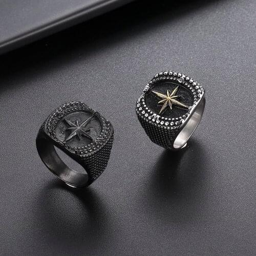 Valily New Mens Punk Compass Ring Stainless Steel Viking Nautical Cross Ring Bump Biker Ring Male Gothic Accessories Jewelry