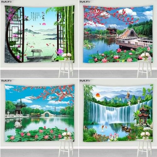 Chinese Style Landscape Wall Tapestry Lotus Arch Bridge Waterfall Living Room Study Decoration Mural Screen Bohemian Decor Rugs