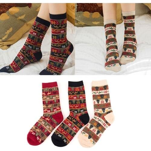 3 Pairs Womens Vintage Christmas Ethnic Cotton Crew Socks Elk Snowflake Stripes Contrast Color Printed Mid Calf Long Hosiery
