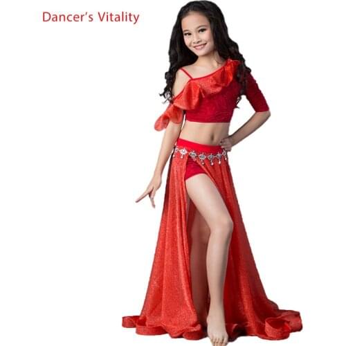 NEW ! Children Belly Dance clothes Child latin Dance Practice clothes Girls Dance competition Split long skirt Free Shipping