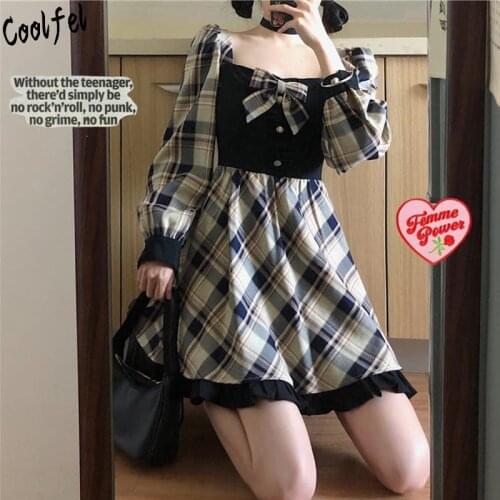 COOLFEL Autumn Women Vintage Plaid Lolita Gothic Dress Square Collar High Waist A- line Ruffle Bow Dresses