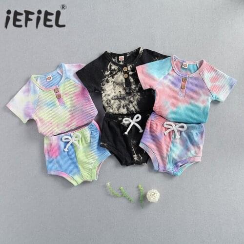 6M-3T Toddler Baby Tie Dye Printing Ribbed Outfits Two-pieces Set, Infant Boy Girl O-neck Short Sleeve Shirt + Elastic Pants Set
