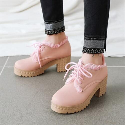 PXELENA Vintage Punk Shoes Women Block Chunky High Heels Platform Ruffles Lace Up Gothic Daily Lady Pumps Spring Autumn Oxfords