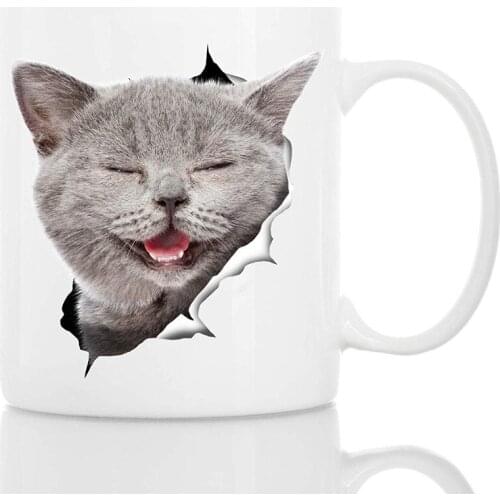 Laughing Grey Cat Coffee Mug - Ceramic Funny Coffee Mug - Perfect Cat Lover Gift - Cute Novelty Coffee Mug Present - Great Birth