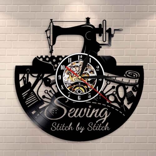 Stitch By Stitch Sewing Quotes Wall Art Vinyl Record Wall Clock Sewing Machine Fashion Wall Decor Vintage Quilting Wall Clock
