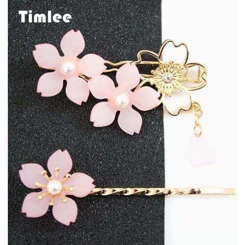 Timlee H041 Free Shipping Lovely Sweet Pink Hollow Out Cherry Blossoms Imitation Pearl Metal Hair Clip Accessory wholesale